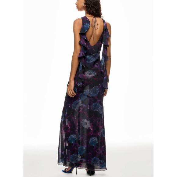 Rotate Purple Watercolor Chiffon Slip Maxi Dress SIZE 2 Ruffle Cowl Party $430 - Picture 2 of 15